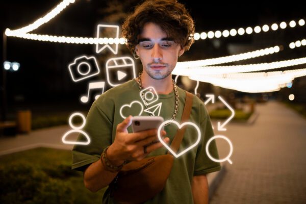 Interneto kryžkelėje: kaip nepasiklysti skaitmeninėje audroje Žmogus naudojantis nešiojamą kompiuterį, supamas skaitmeninių ikonų ir socialinių tinklų simbolių, iliustruojantis sąmoningą interneto vartojimą.